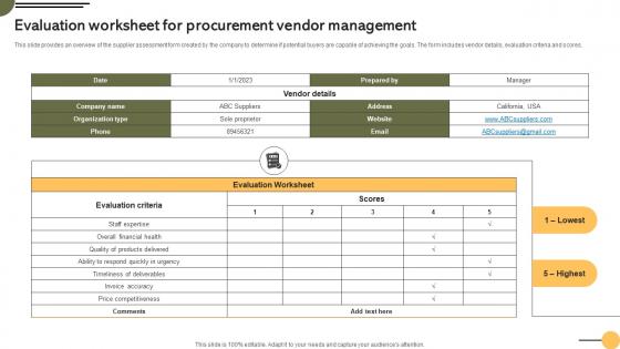 Evaluation Worksheet Vendor Management Achieving Business Goals Procurement Strategies Strategy SS V