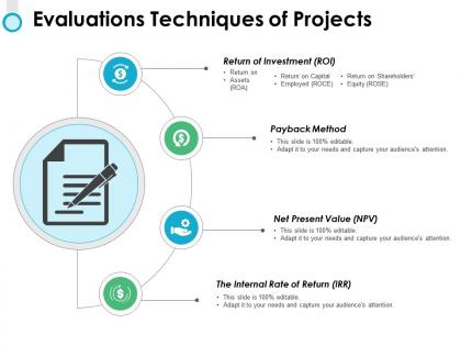 Evaluations techniques of projects investment ppt powerpoint slides