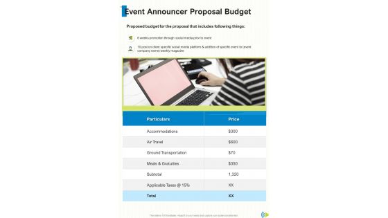 Event Announcer Proposal Budget One Pager Sample Example Document