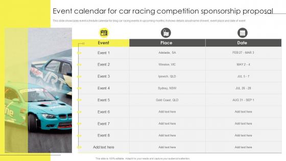 Event Calendar For Car Racing Competition Sponsorship Proposal