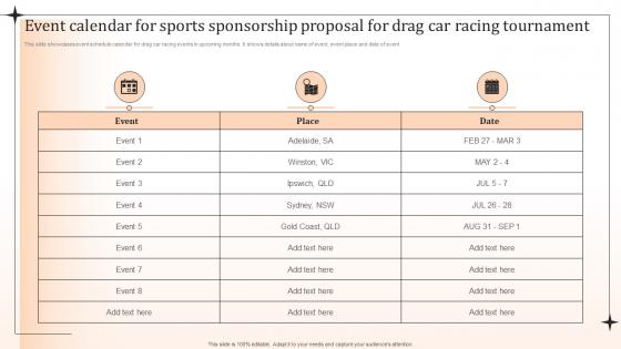 Event Calendar For Sports Sponsorship Proposal For Drag Car Racing Tournament Ppt Template