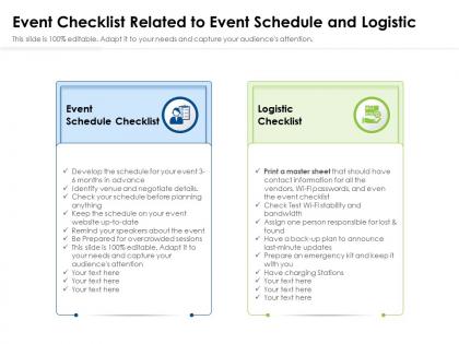 Event checklist related to event schedule and logistic