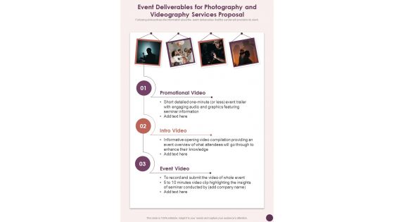 Event Deliverables For Photography And Videography Services One Pager Sample Example Document