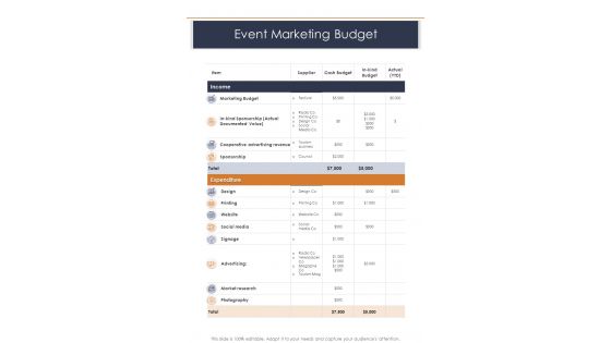 Event Marketing Budget One Pager Sample Example Document
