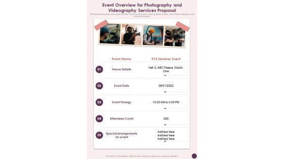 Event Overview For Photography And Videography Services Proposal One Pager Sample Example Document