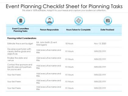 Event planning checklist sheet for planning tasks