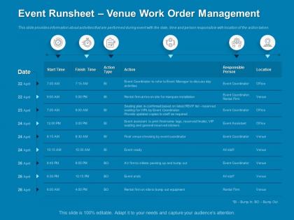 Event runsheet venue work order management location powerpoint presentation display