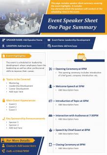 Event speaker sheet one page summary presentation report infographic ppt pdf document