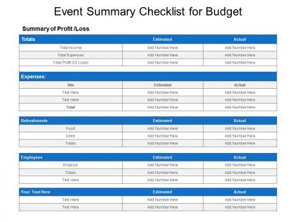 Event summary checklist for budget