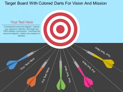 Ex target board with colored darts for vision and mission flat powerpoint design