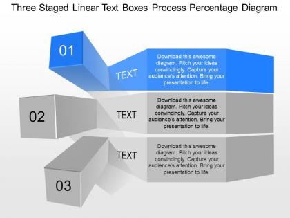 Ex three staged linear text boxes process percentage diagram powerpoint template
