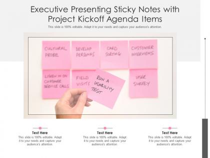 Executive presenting sticky notes with project kickoff agenda items