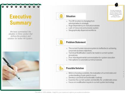 Executive summary evaluation current ppt powerpoint presentation icon elements