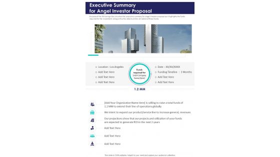 Executive Summary For Angel Investor Proposal One Pager Sample Example Document