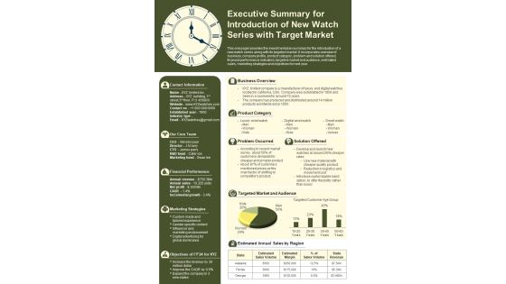 Executive Summary For Introduction Of New Watch Series With Target Market Presentation Infographic PPT PDF Document