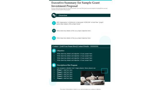 Executive Summary For Sample Grant Investment Proposal One Pager Sample Example Document