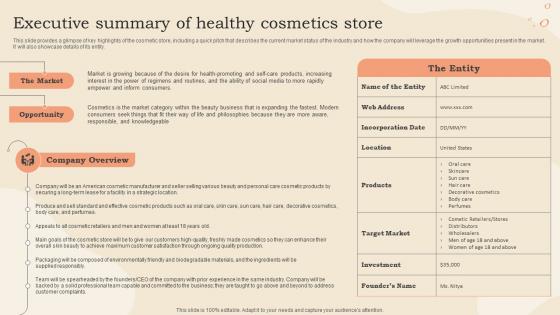 Executive Summary Of Healthy Cosmetics Store Cosmetic Shop Business Plan BP SS
