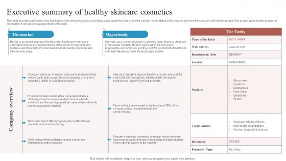 Executive Summary Of Healthy Skincare Cosmetics Skincare Start Up Business Plan BP SS