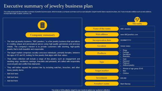 Executive Summary Of Jewelry Business Costume Jewelry Business Plan BP SS
