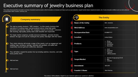 Executive Summary Of Jewelry Business Plan Jewelry Products Business Plan BP SS