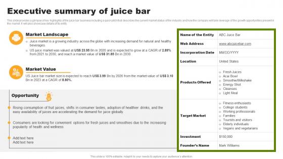 Executive Summary Of Juice Bar Organic Juice Bar Franchise BP SS