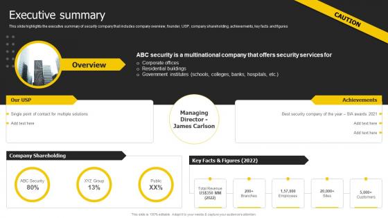 Executive Summary Security Services Business Profile Ppt Icons