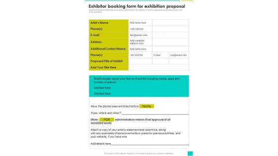 Exhibitor Booking Form For Exhibition Proposal One Pager Sample Example Document