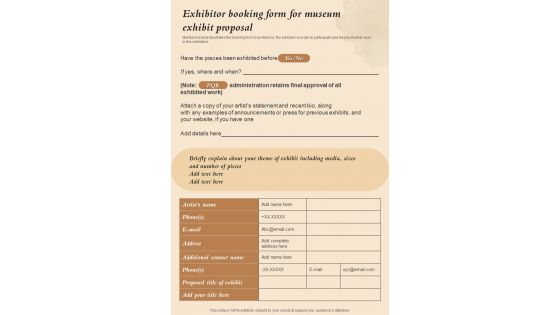 Exhibitor Booking Form For Museum Exhibit Proposal One Pager Sample Example Document