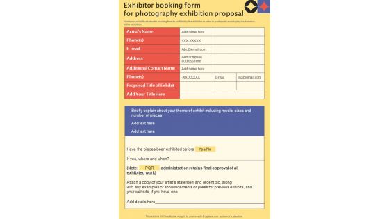 Exhibitor Booking Form For Photography Exhibition Proposal One Pager Sample Example Document