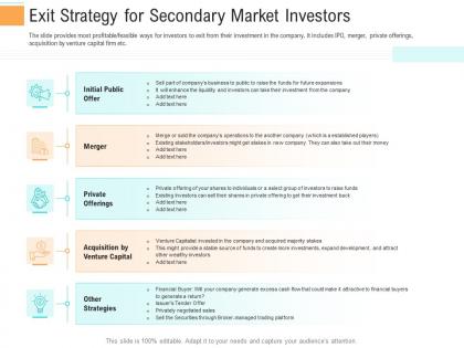 Exit strategy for secondary market investors investment generate funds through spot market investment