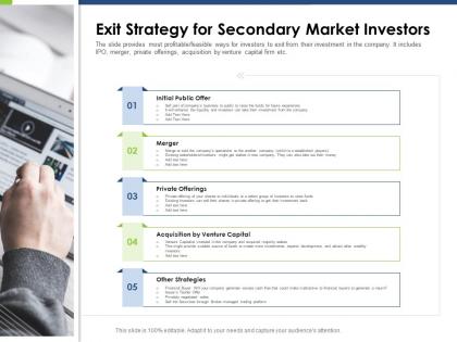 Exit strategy for secondary market investors pitch deck raise funding post ipo market ppt show examples