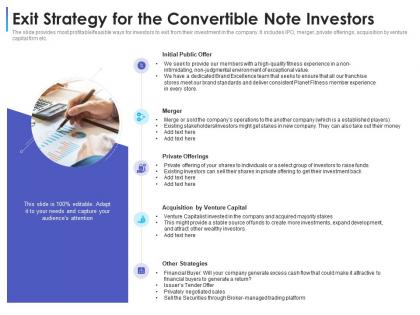 Exit strategy for the convertible note investors convertible debt financing ppt icons