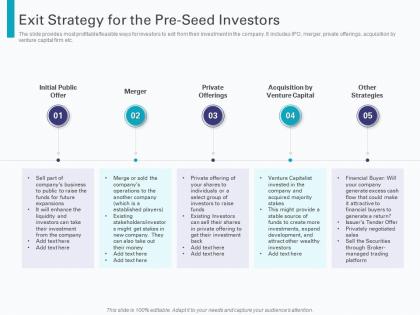 Exit strategy for the pre seed investors pre seed round pitch deck ppt powerpoint themes