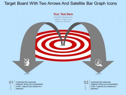 Ey target board with two arrows and satellite bar graph icons flat powerpoint design