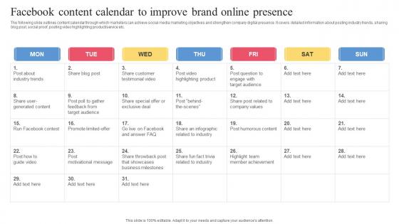 Facebook Ads Strategy To Improve Facebook Content Calendar To Improve Brand Online Strategy SS V