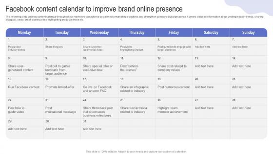 Facebook Content Calendar To Improve Brand Driving Web Traffic With Effective Facebook Strategy SS V