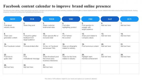 Facebook Content Calendar To Improve Brand Online Presence Facebook Advertising Strategy SS V