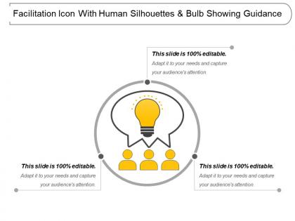 Facilitation icon with human silhouettes and bulb showing guidance
