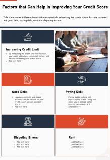 Factors that can help in improving your credit score presentation report infographic ppt pdf document