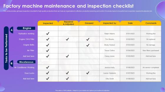 Factory Machine Maintenance And Inspection Checklist Systematic Production Control System