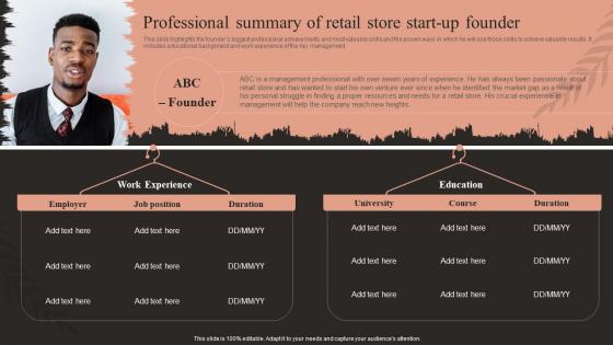 Fashion Business Plan Professional Summary Of Retail Store Start Up Founder BP SS