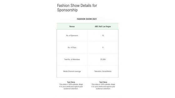 Fashion Show Details For Sponsorship One Pager Sample Example Document