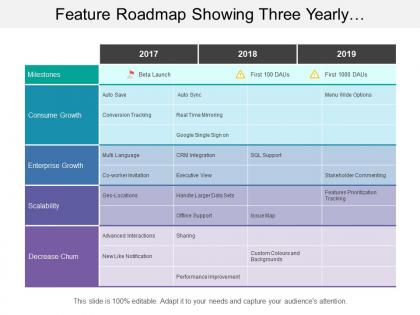 Feature roadmap showing three yearly enterprise growth timeline
