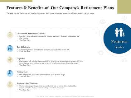 Features and benefits of our companys retirement plans pension plans ppt themes