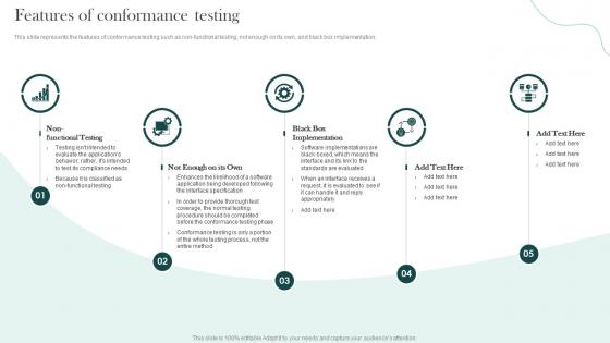 Features Of Conformance Testing Compliance Testing Ppt Show Graphics Example