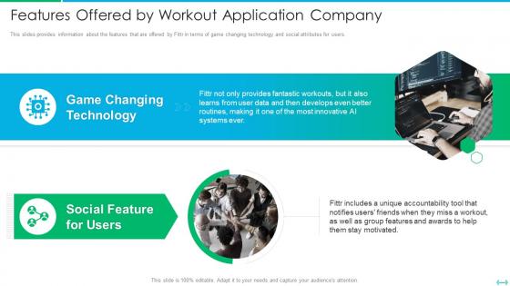 Features offered by workout application company fittr investor funding elevator pitch deck
