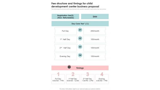 Fee Structure And Timings For Child Development Center Business One Pager Sample Example Document