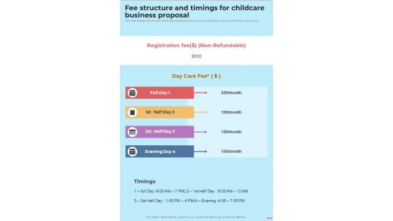 Fee Structure And Timings For Childcare Business Proposal One Pager Sample Example Document