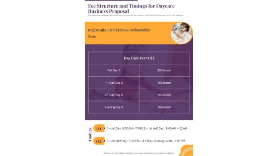 Fee Structure And Timings For Daycare Business Proposal One Pager Sample Example Document