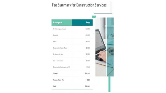 Fee Summary For Construction Services Construction Proposal Template One Pager Sample Example Document